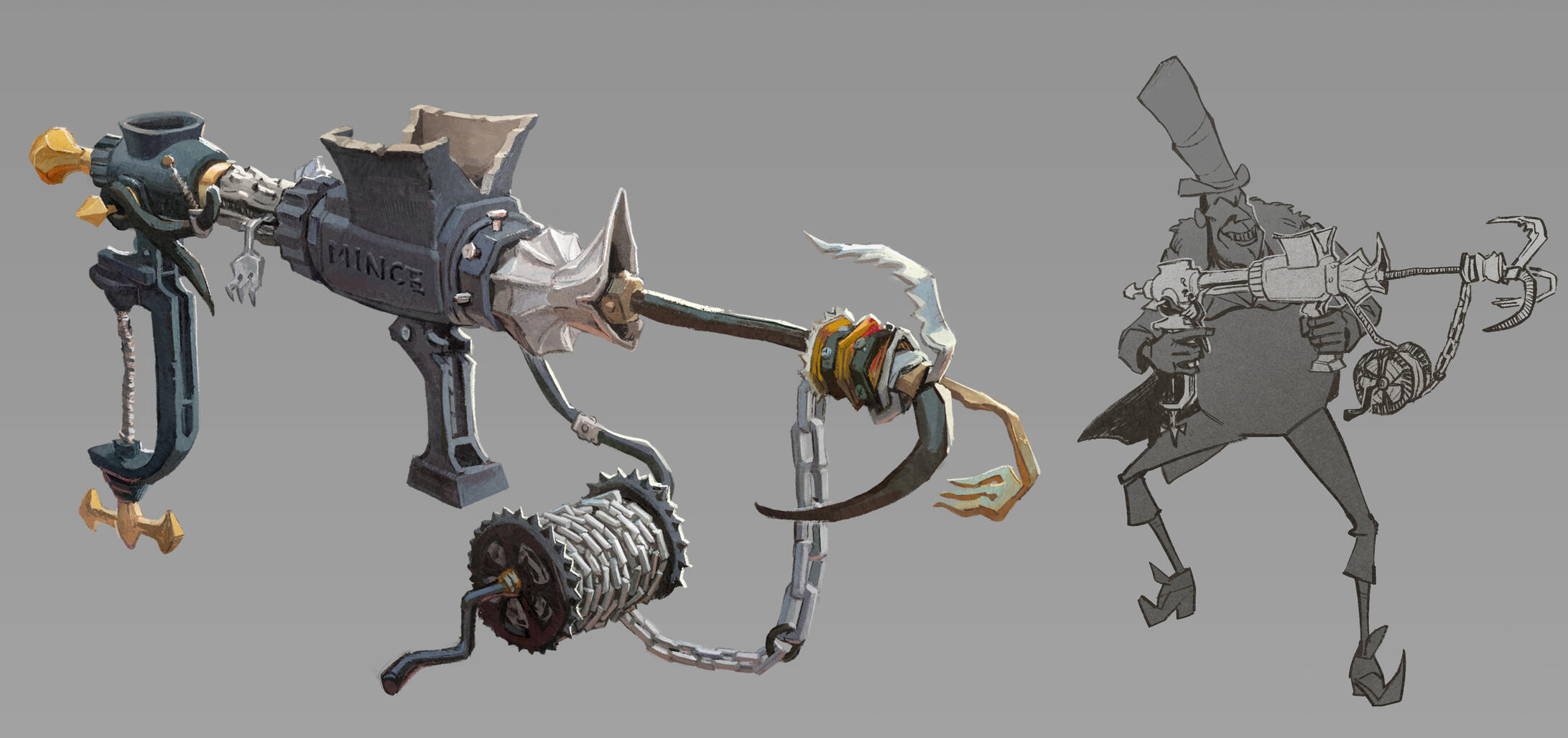 Prop concept: Grappling Hook Bazooka - Prop design project done at VFS, using found objects in a kitchen