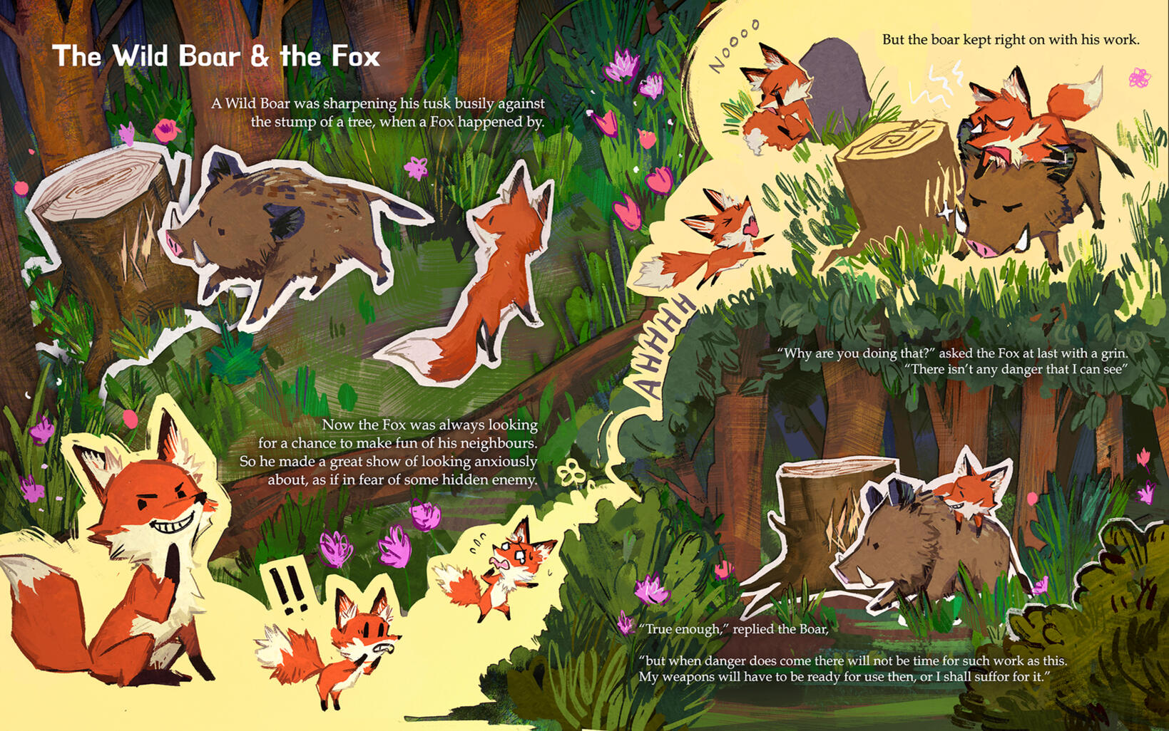 Narrative Illustration: A The Wild Boar and the Fox - Aesop's Fables in children's book style