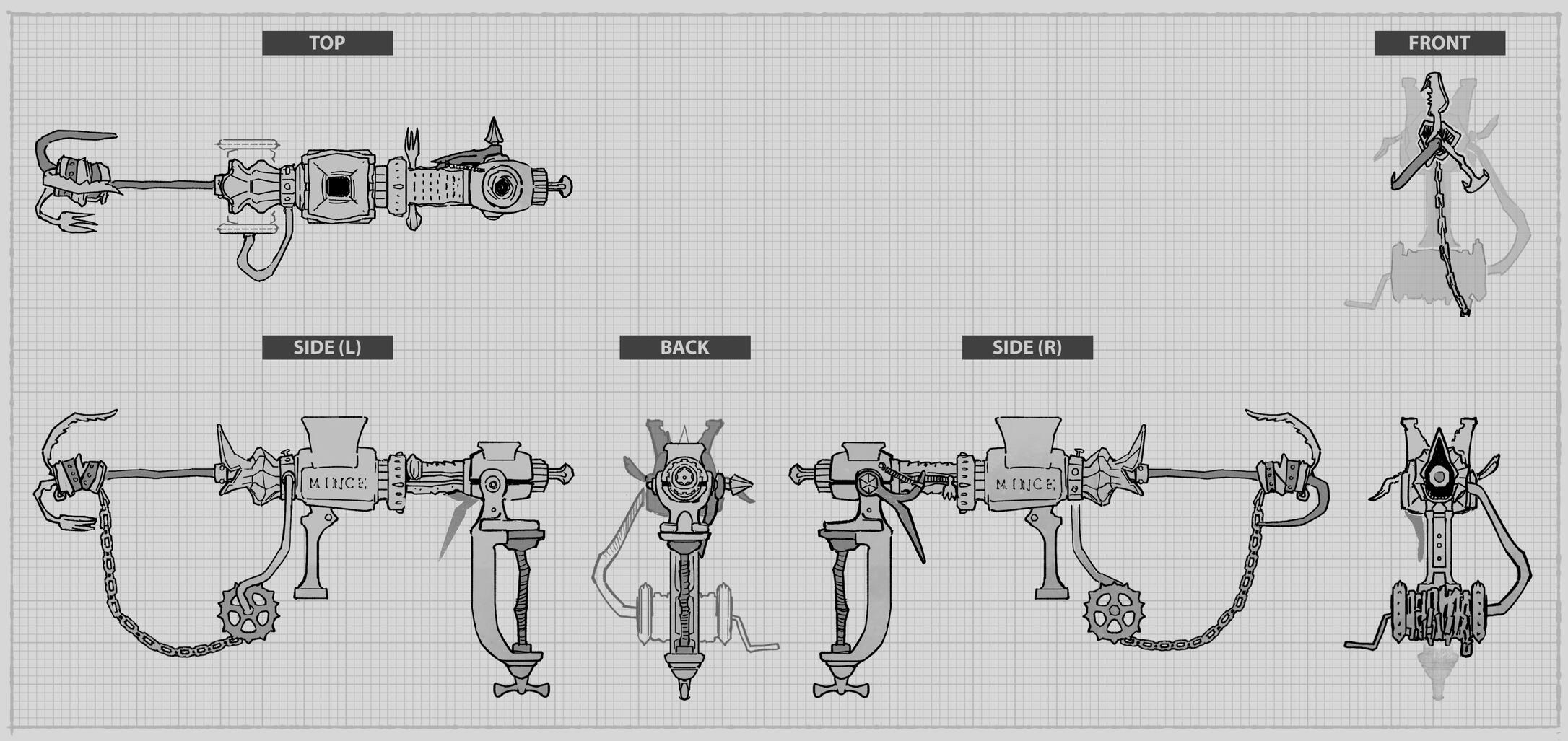 Prop concept: Grappling Hook Bazooka - Prop design project done at VFS, using found objects in a kitchen